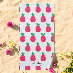 Pink Pineapple Pattern Chic  White Beach Towel
