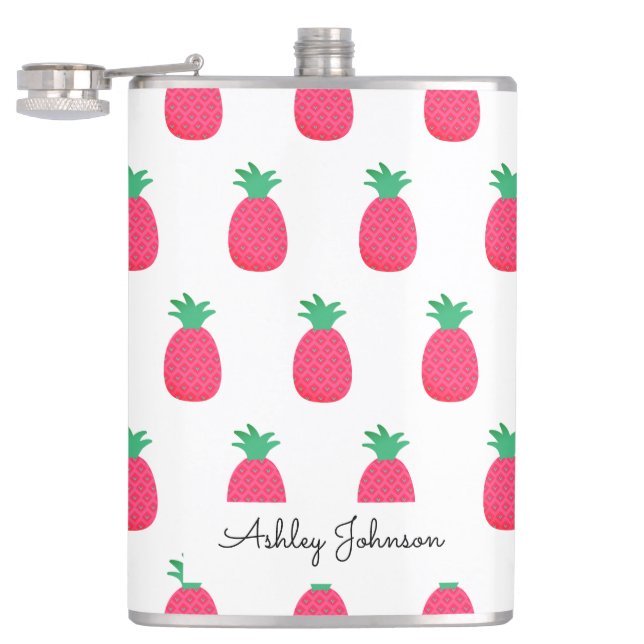 Pink Pineapple Pattern Cute White Hip Flask (Opened)