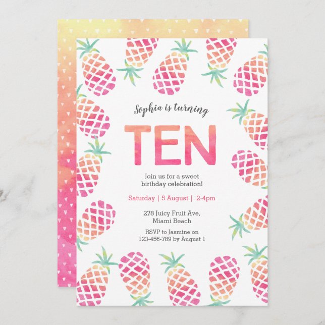 Pink pineapple tropical 10th birthday Invitation (Front/Back)