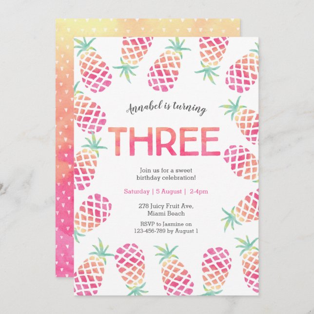 Pink pineapple tropical 3rd  birthday Invitation (Front/Back)