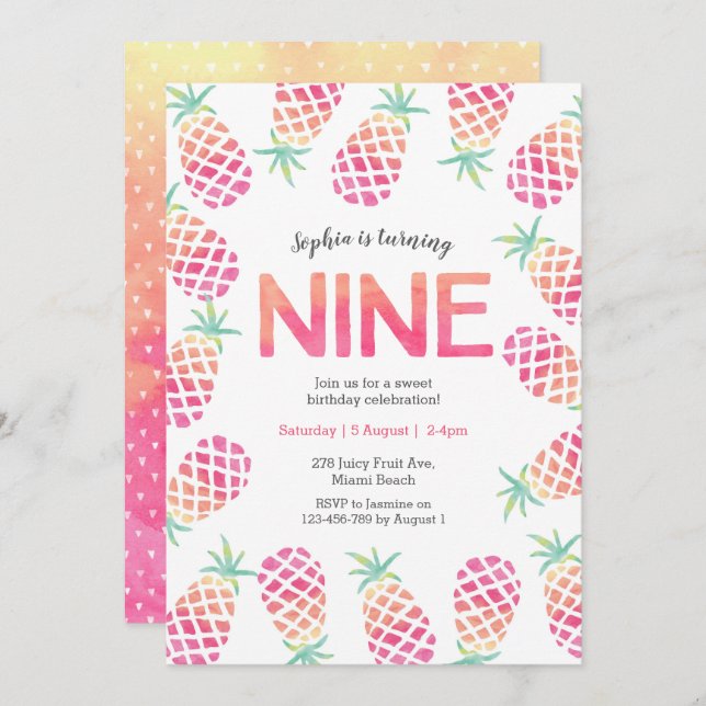 Pink pineapple tropical 9th birthday Invitation (Front/Back)