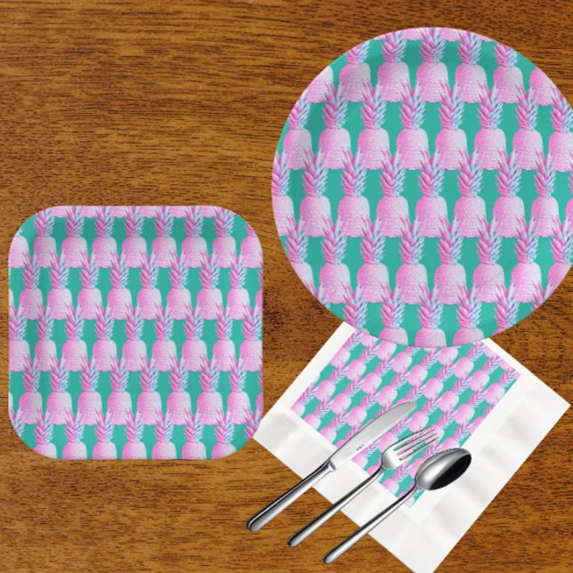 Pink Pineapples Caribbean Blue   Paper Plate (Festive pink pineapples!)