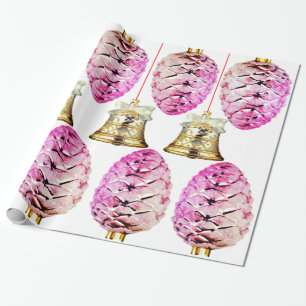 Pink Pinecones and Bells Wrapping Paper