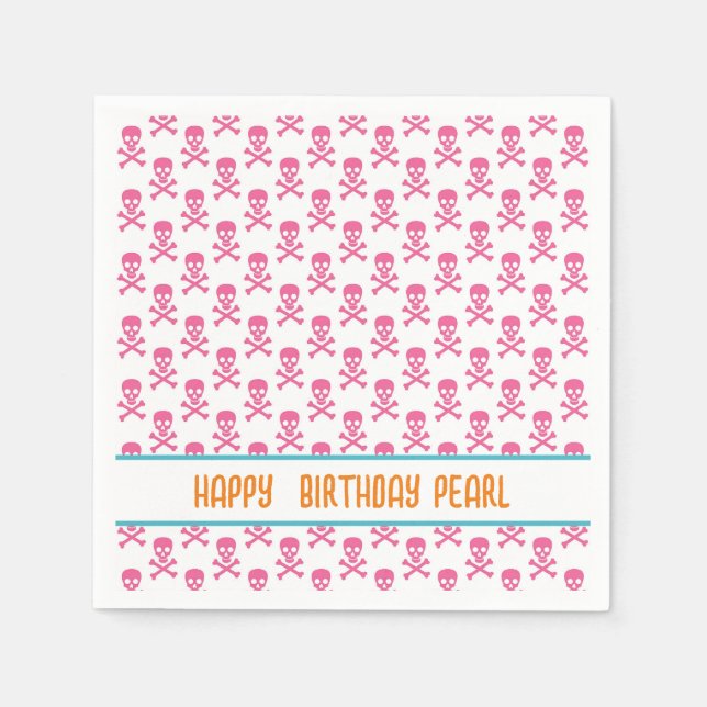 Pink Pirate Crossbones Modern Happy Birthday NAME  Napkin (Front)