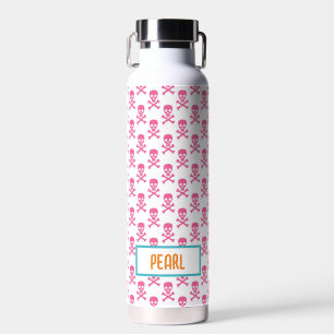 Pink Pirate Crossbones NAME Birthday Kids Fun Water Bottle