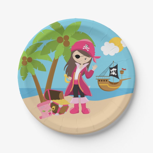 Pink Pirate Girl Birthday Party Paper Plate (Front)