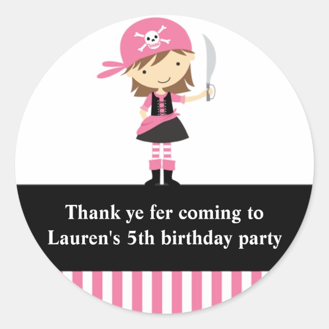 Pink Pirate Girl Birthday Stickers (Front)