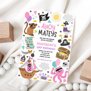 Pink Pirate Ship Treasure Girl Birthday Invitation