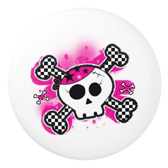 Pink Pirate Skull Crossbones Punk Dresser Ceramic Knob (Front)