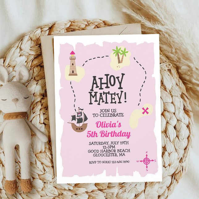 Pink Pirate Treasure Map Birthday Invitation (Creator Uploaded)