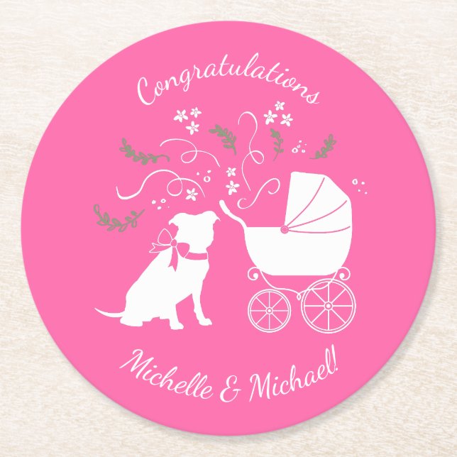 Pink Pit Bull Dog Baby Shower Round Paper Coaster (Front)