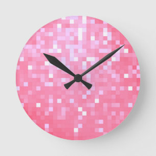 Pink Pixel Sparkle Round Clock