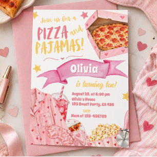 Pink Pizza and Pyjamas Girls Sleepover Birthday Invitation