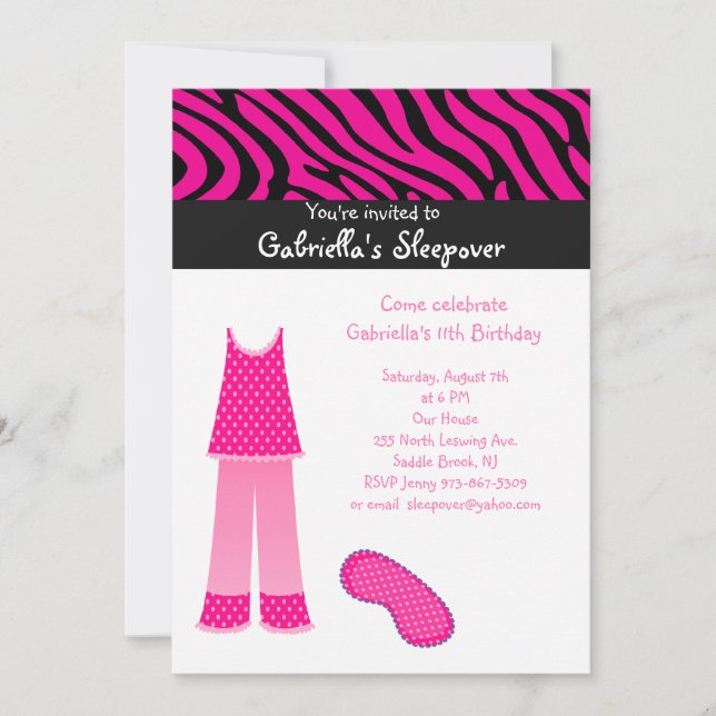Pink PJ's  /Zebra Sleepover Birthday Invitation (Front)
