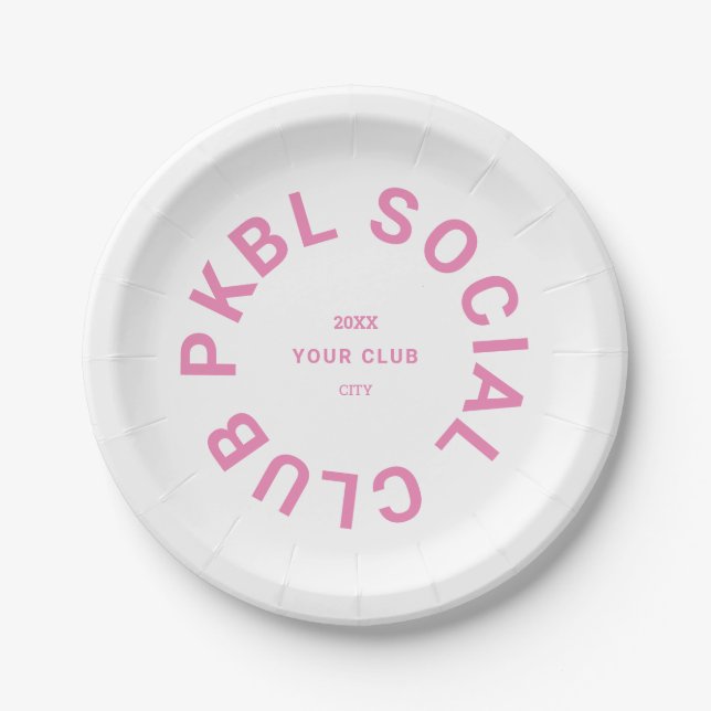 Pink PKBL Social Club Crest Pickleball Paper Plate (Front)