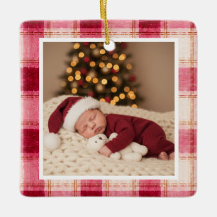 Pink Plaid 1st Christmas Photo Ornament