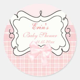 Pink Plaid and Bow Baby Shower Classic Round Sticker