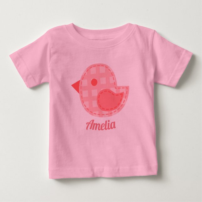 Pink Plaid Baby Bird Personalised Baby T-Shirt (Front)