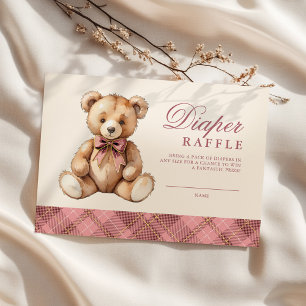 Pink Plaid Bear Baby Shower Diaper Raffle Enclosure Card