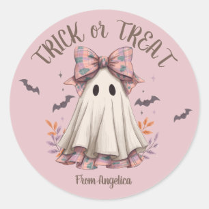 Pink Plaid Bow Cute Ghost Girl Halloween Classic Round Sticker