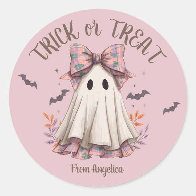 Pink Plaid Bow Cute Ghost Girl Halloween Classic Round Sticker (Front)