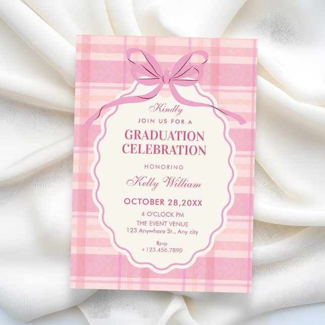 Pink plaid bow graduation invitation (Creator Uploaded)