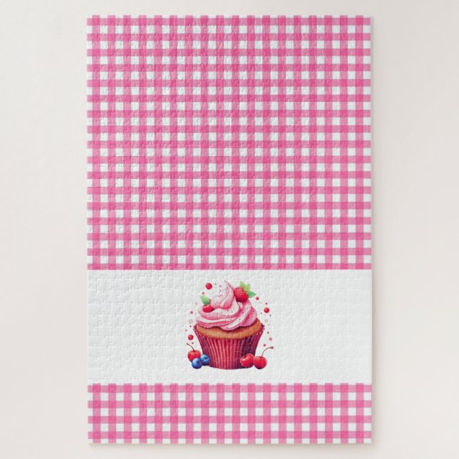 Pink Plaid Checkered Strawberry Cupcake Puzzles  (Vertical)