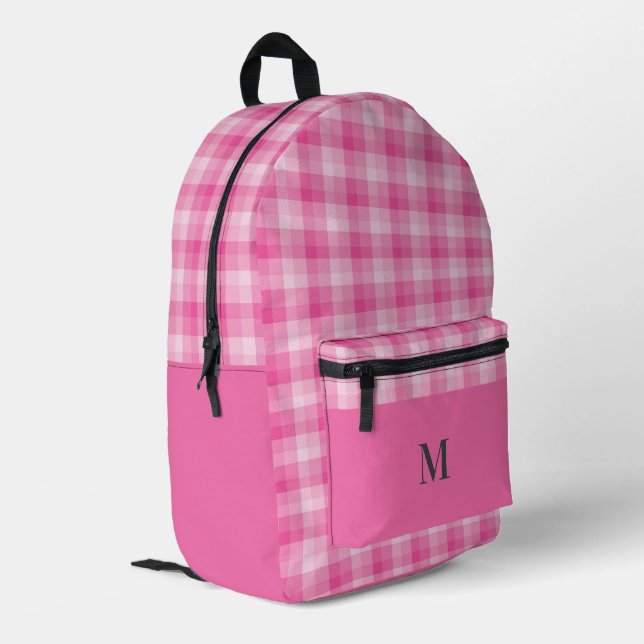 Pink Plaid Checks Personalised Monogram Printed Backpack (Back Corner Left)