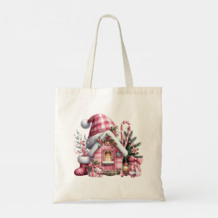 Pink Plaid Christmas House Tote Bag