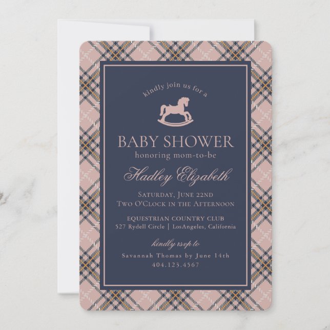 Pink Plaid Classic Rocking Horse Baby Shower Invitation (Front)