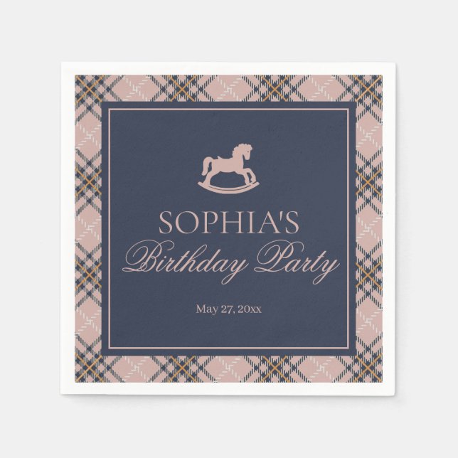 Pink Plaid Classic Rocking Horse Birthday Party Napkin (Front)