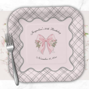 Pink Plaid Coquette Bow Birthday Square Paper Plate