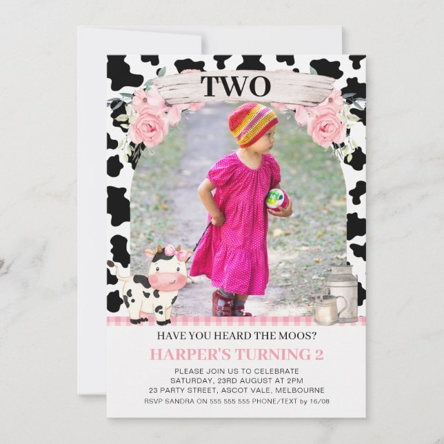 Pink Plaid Cow Print Pink Floral Photo Birthday Invitation (Front)