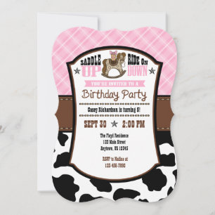 Pink Plaid Cowhide Cowboy Birthday Invite