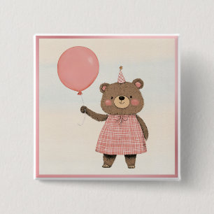 Pink Plaid Dress Bear with Bow and Hat 15 Cm Square Badge
