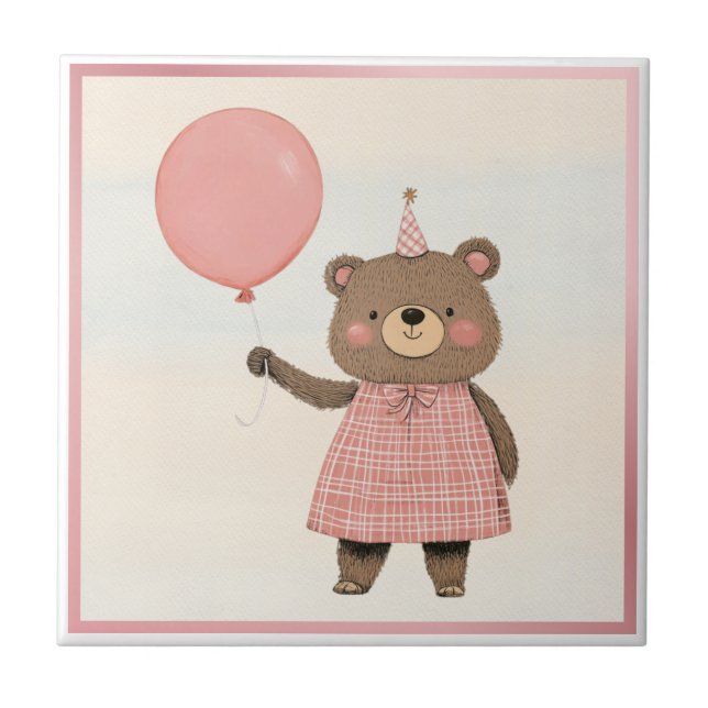 Pink Plaid Dress Bear with Bow and Hat Ceramic Tile (Front)