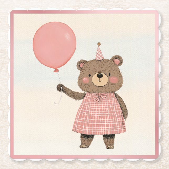 Pink Plaid Dress Bear with Bow and Hat Paper Coaster (Front)