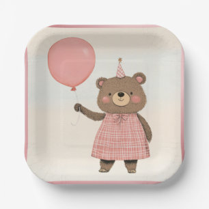 Pink Plaid Dress Bear with Bow and Hat Paper Plate
