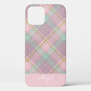 Pink Plaid Elegant Script Name Case-Mate iPhone Ca 12 Case