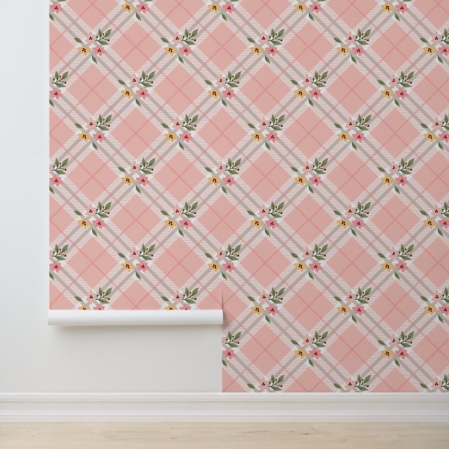 Pink Plaid Floral Wallpaper (Application)