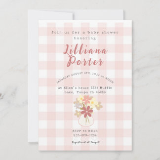 Pink Plaid Flower Baby Shower Invite
