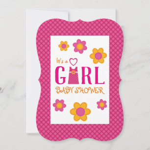 Pink plaid girl dress flora baby shower invitation