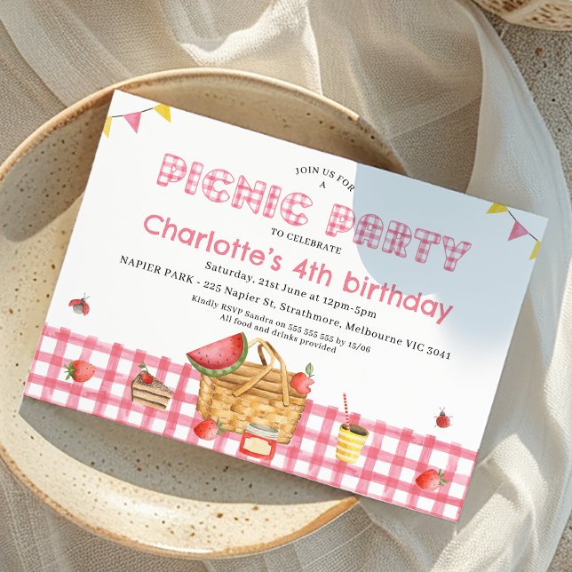 Pink Plaid Girls Picnic Party Birthday Invitation (Girls Pink Picnic Party Birthday Invitation, Summer Outdoor Birthday Party, Picnic Basket, Gingham)