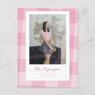 Pink Plaid Grad Flat Graduation Announcement Postcard
