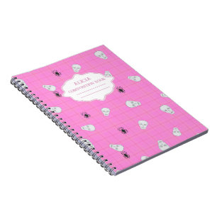 Pink plaid Halloween Skull & Spider personalised Notebook