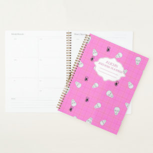 Pink plaid Halloween Skull & Spider personalised Planner