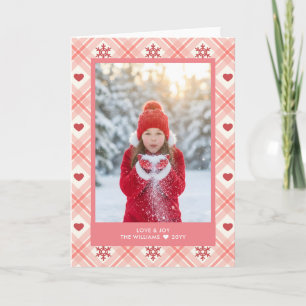 Pink Plaid Heart Snowflake Custom Photo Folded Holiday Card