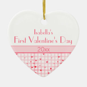 Pink Plaid Hearts Baby Photo First Valentine's Day Ceramic Ornament