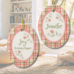 Pink Plaid "Joy in Every Chapter" Personalised  Ceramic Ornament