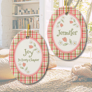 Pink Plaid "Joy in Every Chapter" Personalised  Ceramic Ornament